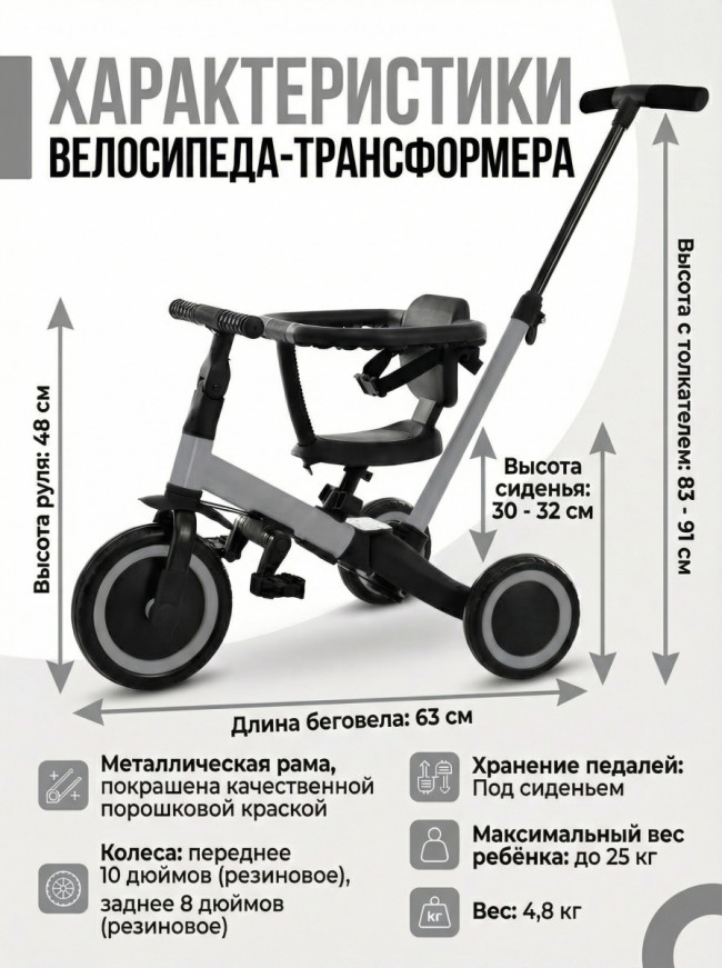 Детский беговел-велосипед 6в1 с родительской ручкой, серый - TR008-GREY Детский беговел-велосипед 6в1 с родительской ручкой, серый - TR008-GREY