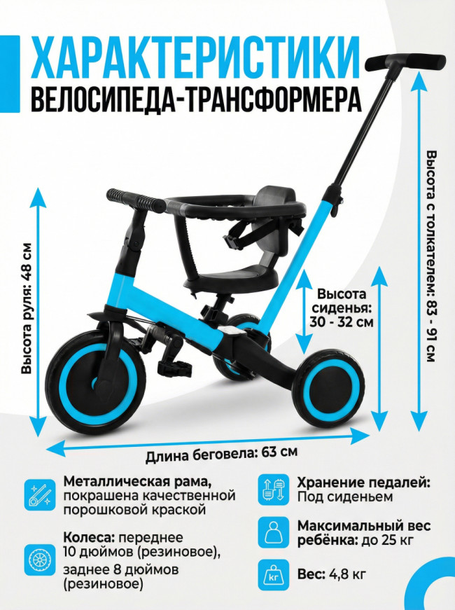 Детский беговел-велосипед 6в1 с родительской ручкой, синий - TR008-BLUE Детский беговел-велосипед 6в1 с родительской ручкой, синий - TR008-BLUE