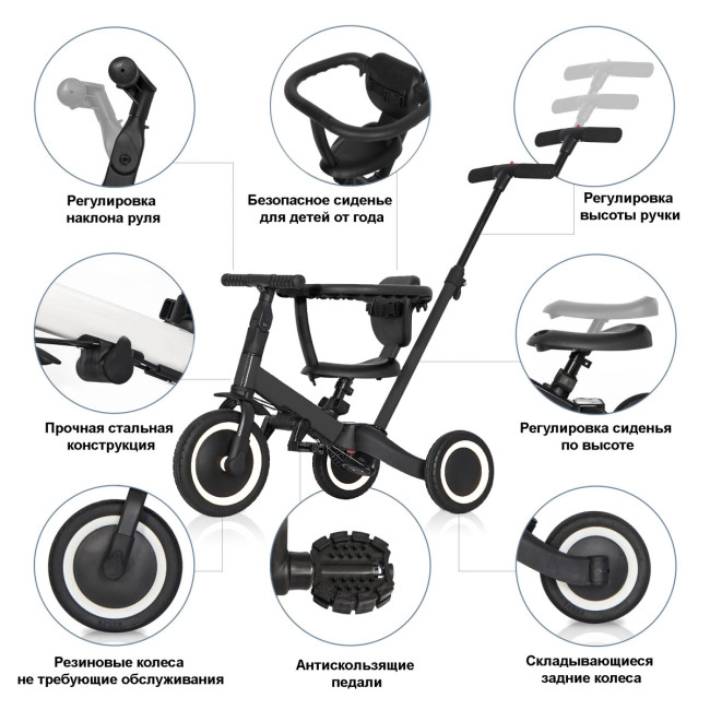 Детский беговел-велосипед 6в1 с родительской ручкой, черный - TR008-BLACK Детский беговел-велосипед 6в1 с родительской ручкой, черный - TR008-BLACK
