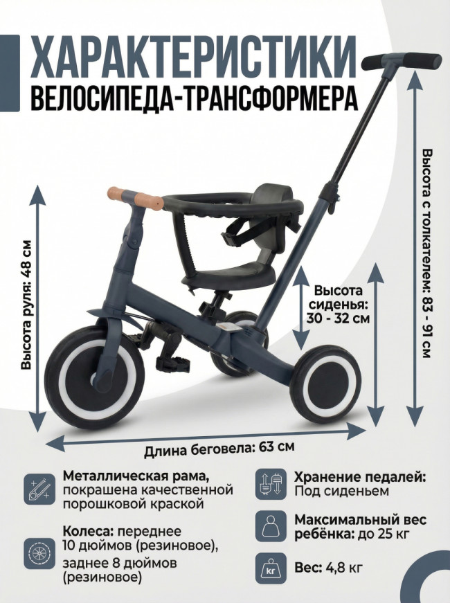 Детский беговел-велосипед 4в1 с родительской ручкой, темно-серый - TR007-DARK-GREY