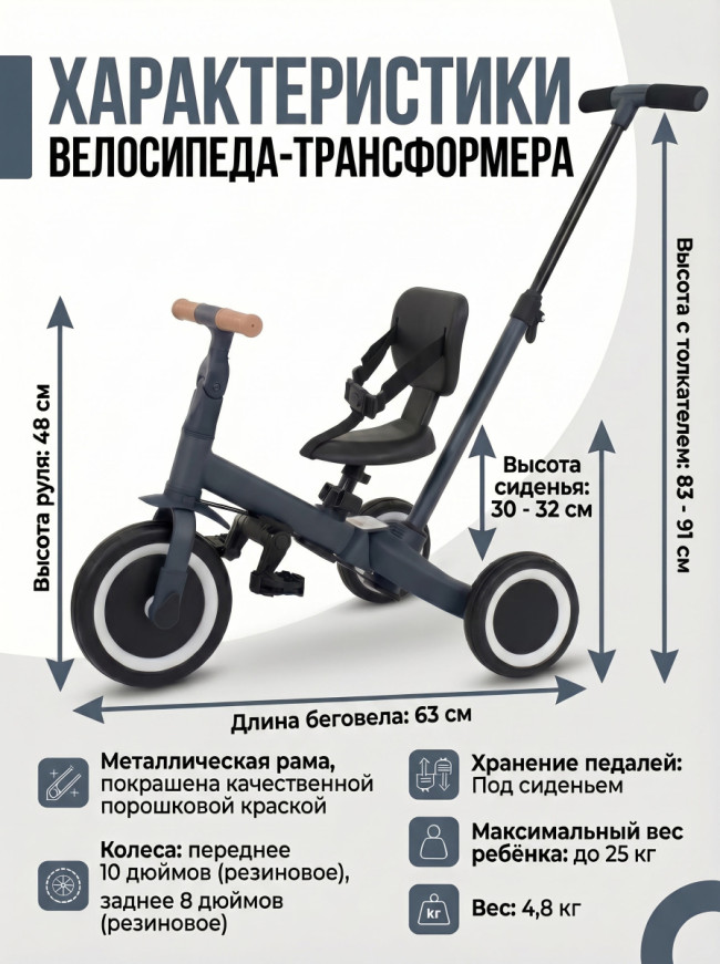 Детский беговел-велосипед 4в1 с родительской ручкой, темно-серый - TR007-DARK-GREY