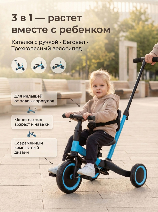 Детский беговел-велосипед 4в1 с родительской ручкой, синий - TR007-BLUE Детский беговел-велосипед 4в1 с родительской ручкой, синий - TR007-BLUE