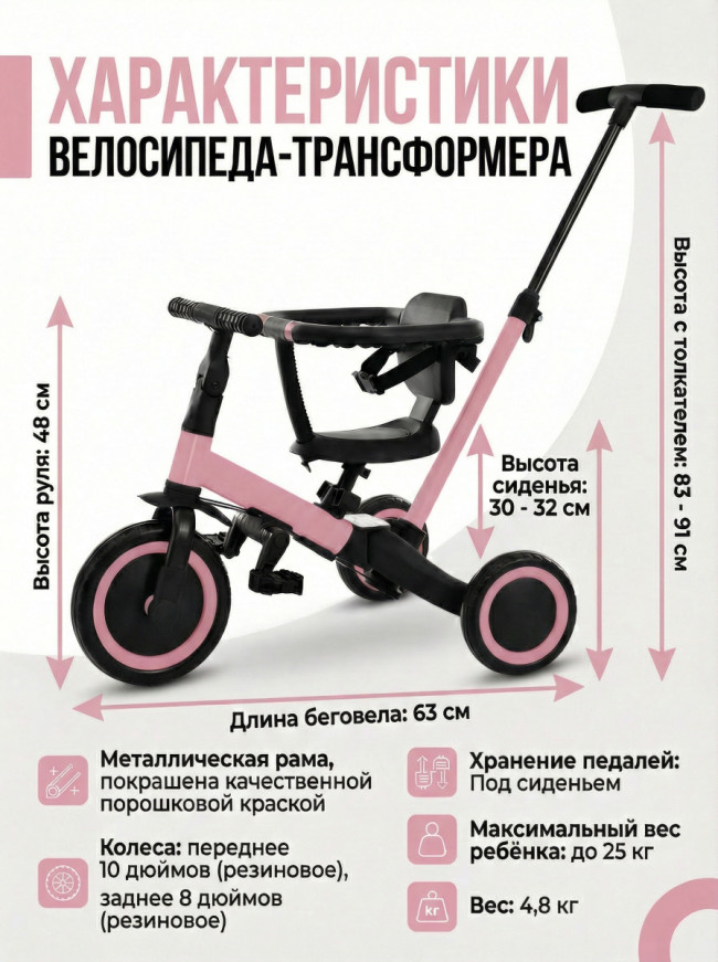 Детский беговел-велосипед 4в1 с родительской ручкой, розовый - TR007-PINK
