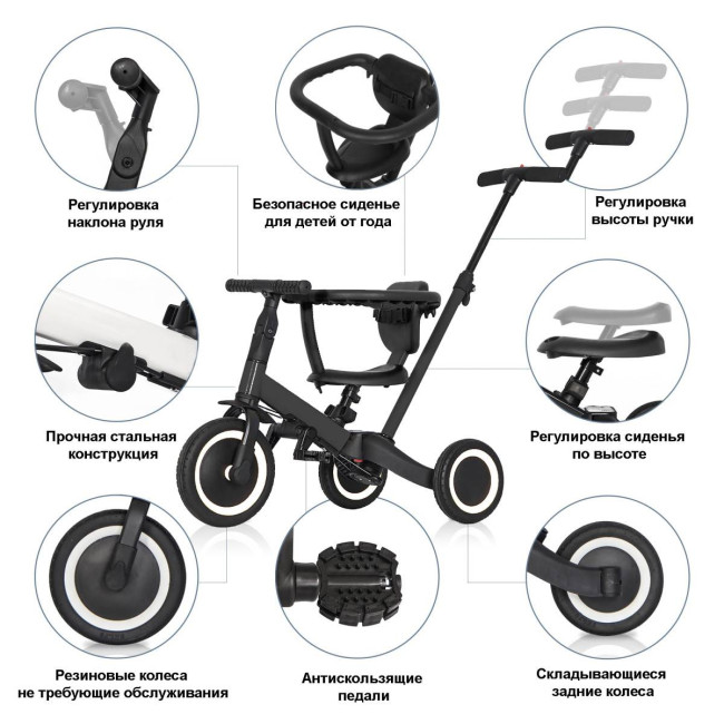 Детский беговел-велосипед 8в1 с крышей и ручкой, черный - TR008C-BLACK Детский беговел-велосипед 8в1 с крышей и ручкой, черный - TR008C-BLACK