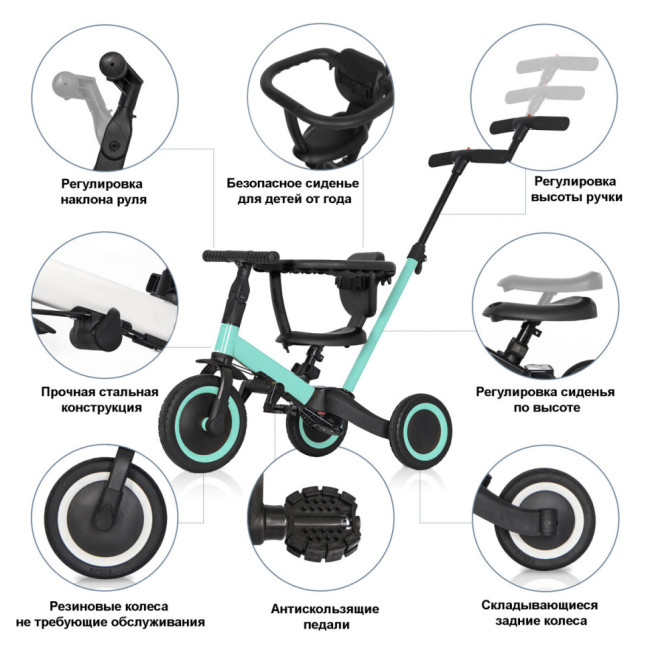 Детский беговел-велосипед 8в1 с крышей и ручкой, зеленый - TR008C-CYAN Детский беговел-велосипед 8в1 с крышей и ручкой, зеленый - TR008C-CYAN