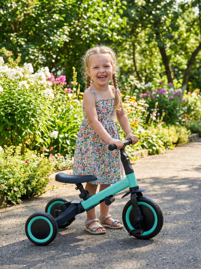 Детский беговел-велосипед 8в1 с крышей и ручкой, зеленый - TR008C-CYAN