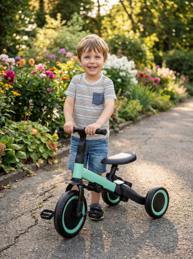 Детский беговел-велосипед 8в1 с крышей и ручкой, зеленый - TR008C-CYAN