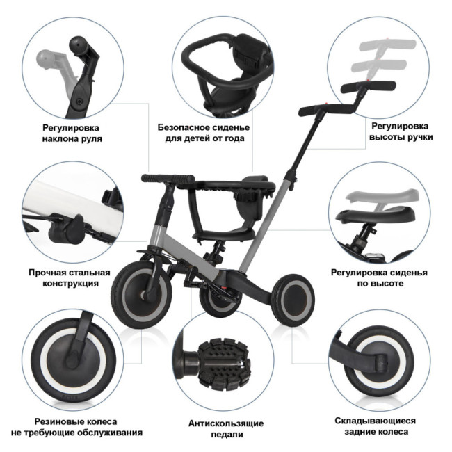 Детский беговел-велосипед 8в1 с крышей и ручкой, серый - TR008C-GREY Детский беговел-велосипед 8в1 с крышей и ручкой, серый - TR008C-GREY