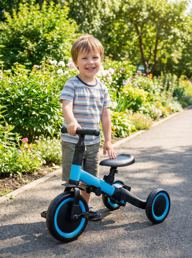 Детский беговел-велосипед 8в1 с крышей и ручкой, синий - TR008C-BLUE Детский беговел-велосипед 8в1 с крышей и ручкой, синий - TR008C-BLUE