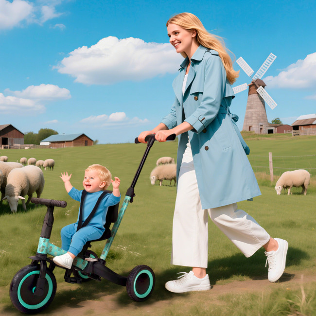 Детский беговел-велосипед 4в1 с родительской ручкой, зеленый с рисунком - TR007-CYAN-PAINT Детский беговел-велосипед 4в1 с родительской ручкой, зеленый с рисунком - TR007-CYAN-PAINT