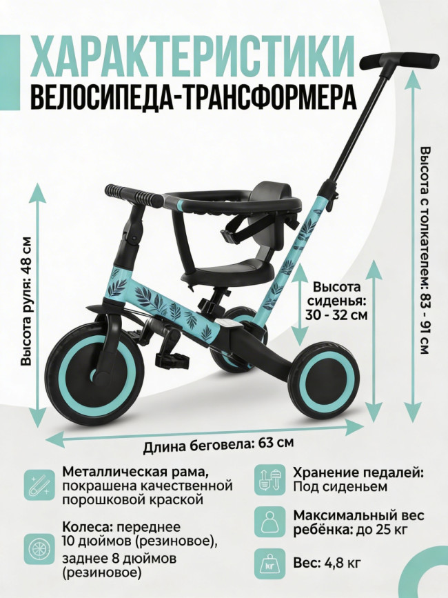 Детский беговел-велосипед 4в1 с родительской ручкой, зеленый с рисунком - TR007-CYAN-PAINT Детский беговел-велосипед 4в1 с родительской ручкой, зеленый с рисунком - TR007-CYAN-PAINT