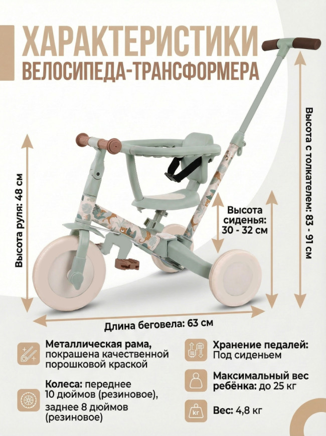Детский беговел-велосипед 8в1 с крышей и ручкой, бежевый с рисунком - TR008C-BEIGE-PAINT