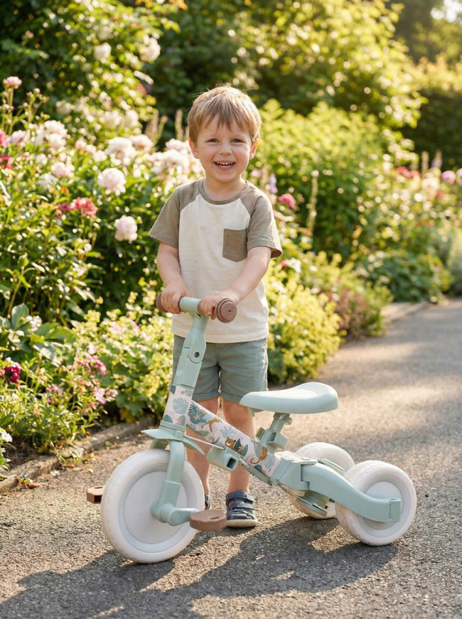 Детский беговел-велосипед 8в1 с крышей и ручкой, бежевый с рисунком - TR008C-BEIGE-PAINT