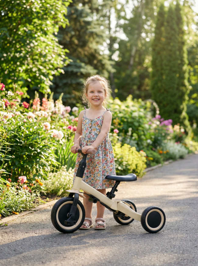 Детский беговел-велосипед 8в1 с крышей и ручкой, бежевый - TR008C-BEIGE