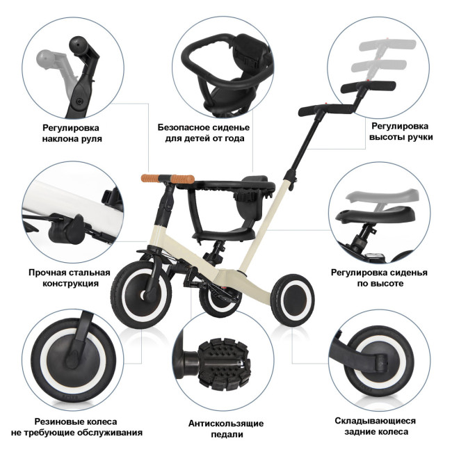 Детский беговел-велосипед 6в1 с родительской ручкой, бежевый - TR008-BEIGE Детский беговел-велосипед 6в1 с родительской ручкой, бежевый - TR008-BEIGE