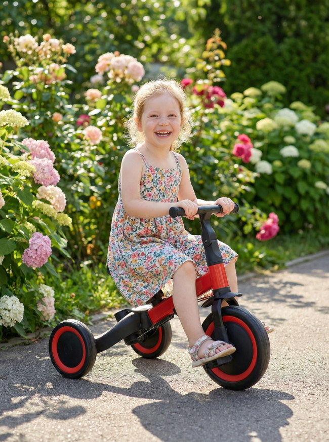 Детский беговел-велосипед 8в1 с крышей и ручкой, красный - TR008C-RED