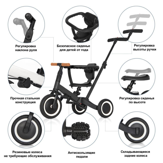 Детский беговел-велосипед 8в1 с крышей и ручкой, темно-серый - TR008C-DARK-GREY Детский беговел-велосипед 8в1 с крышей и ручкой, темно-серый - TR008C-DARK-GREY