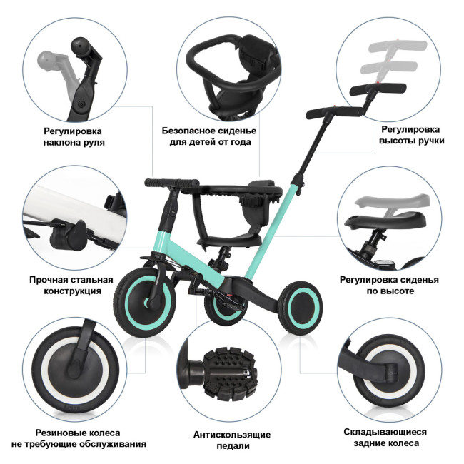 Детский беговел-велосипед 6в1 с родительской ручкой, зеленый - TR008-CYAN Детский беговел-велосипед 6в1 с родительской ручкой, зеленый - TR008-CYAN