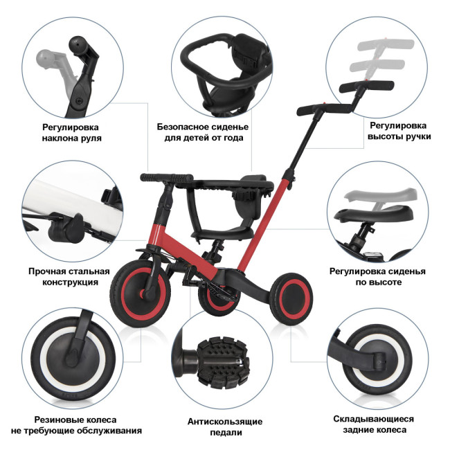 Детский беговел-велосипед 6в1 с родительской ручкой, красный - TR008-RED Детский беговел-велосипед 6в1 с родительской ручкой, красный - TR008-RED