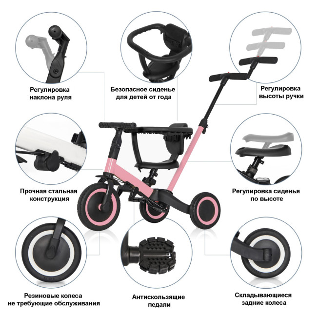 Детский беговел-велосипед 6в1 с родительской ручкой, розовый - TR008-PINK Детский беговел-велосипед 6в1 с родительской ручкой, розовый - TR008-PINK